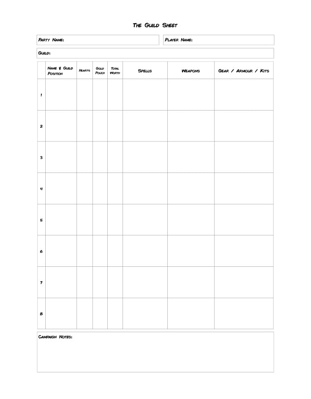 RUNE WARRIORS PARTY SHEETS BW